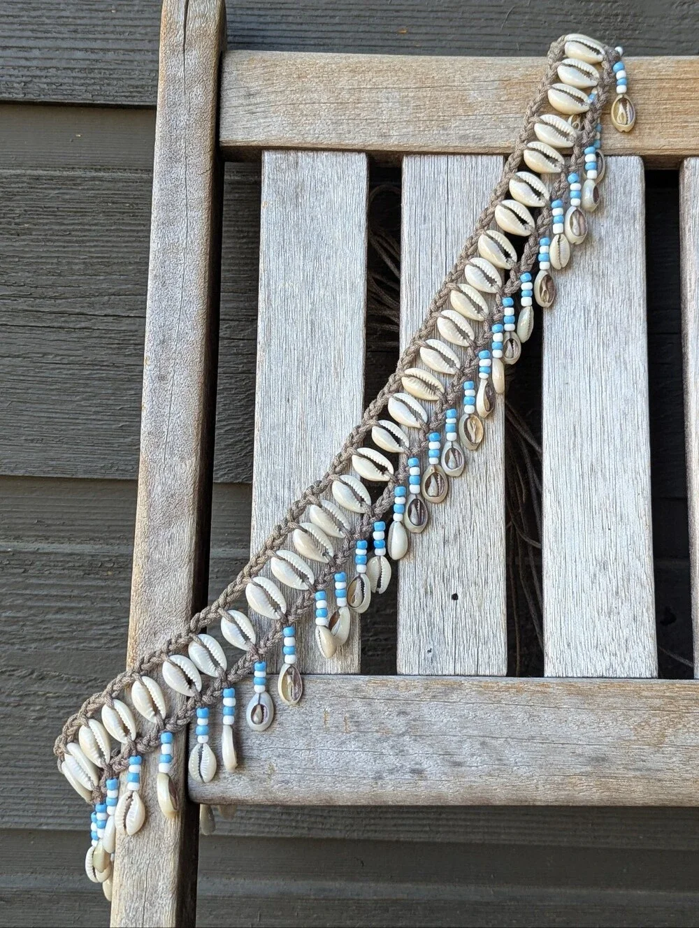 Handmade Cowrie Seashell and Blue Bead Fringe Adjustable Tie Belt